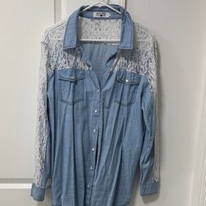 Crazy Train Blue and White Lace Denim Top